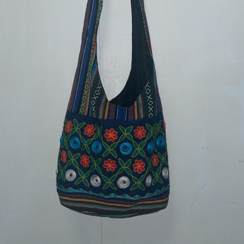 Embroidered Floral Navy Hobo Bag boho tapestry blue shoulder purse